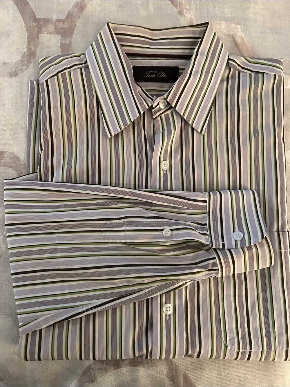 Tasso Elba Vertical Stripe Dress Shirt in Green, Gray & White